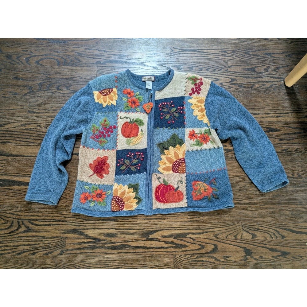 Vintage Tiara International Y2k Fall Patchwork Cardigan Sweater Size XL School